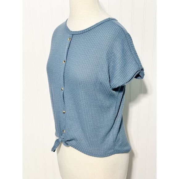 Crown of Hearts Women's Salina Tie Front Button-Down Waffle Knit Top Blue Large - Picture 6 of 11